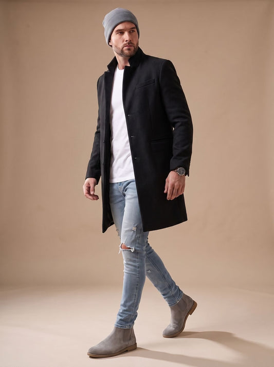 Leo Slim-Fit Mid-Length Wool Coat with Stand Collar and Welt Pockets 1
