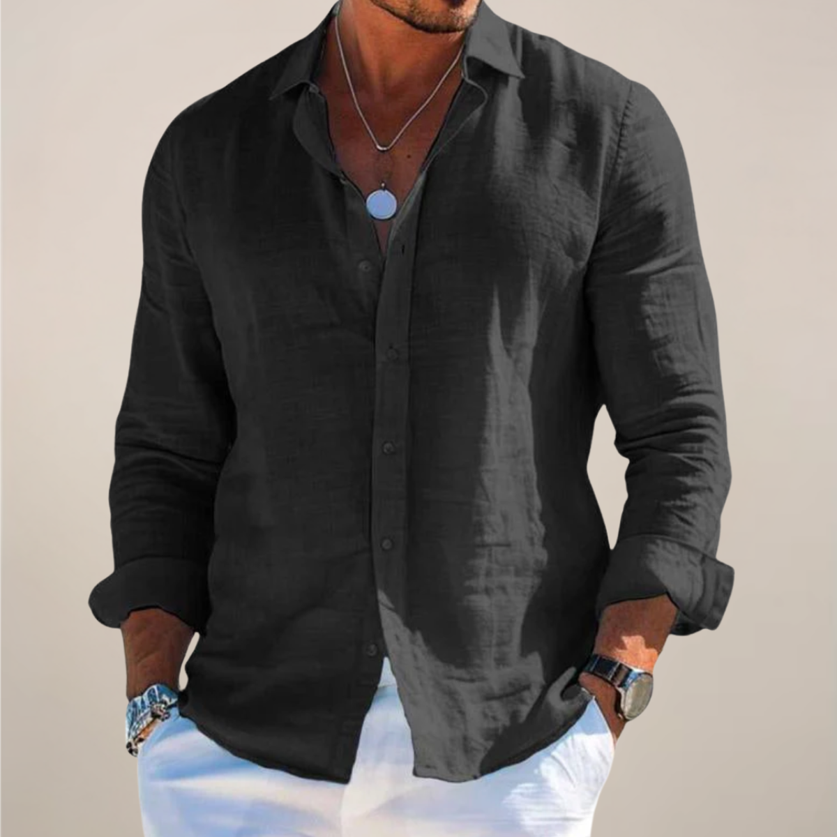 Linen Blend Casual Long Sleeve Shirt - Breathable Button-Up in Solid Colors 3
