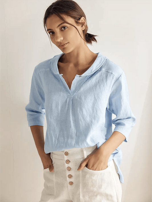 Linen Shawl V-Neck Top - Relaxed Fit Blouse with Asymmetrical Hem for Effortless Style 0