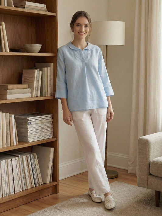 Linen Shawl V-Neck Top - Relaxed Fit Blouse with Asymmetrical Hem for Effortless Style 1