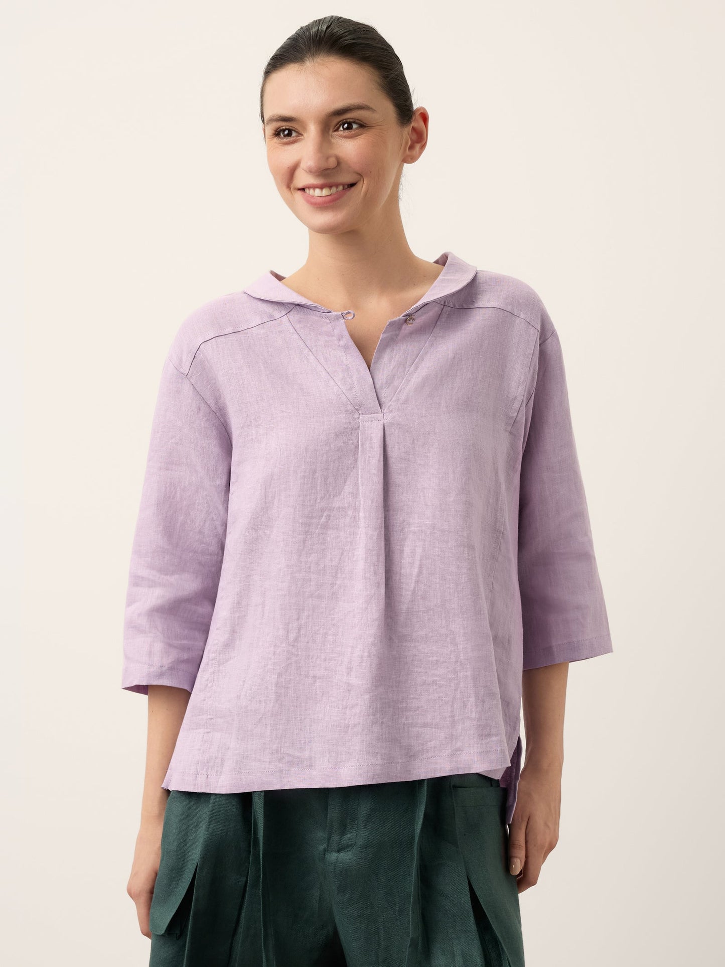 Linen Shawl V-Neck Top - Relaxed Fit Blouse with Asymmetrical Hem for Effortless Style 11