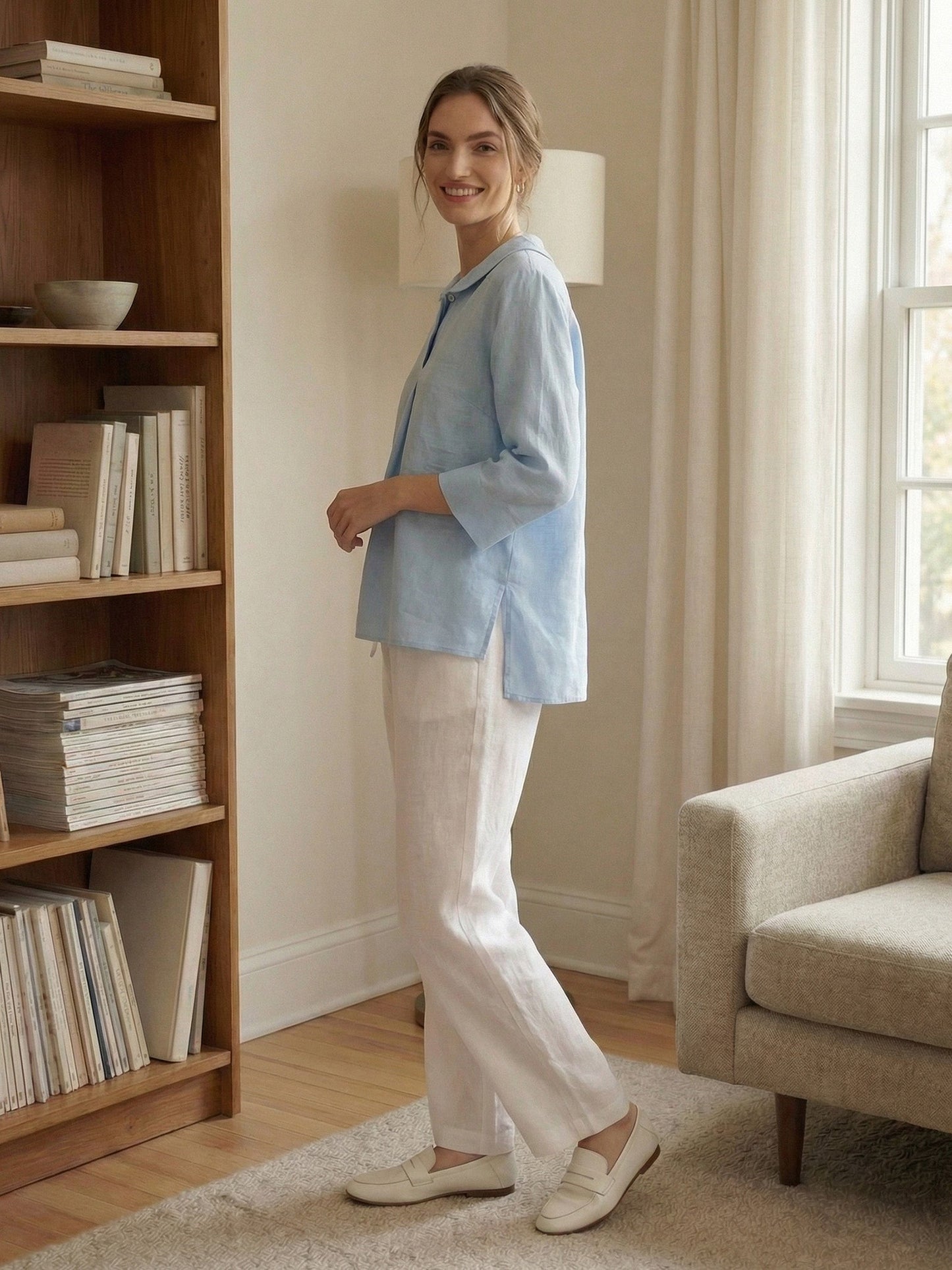Linen Shawl V-Neck Top - Relaxed Fit Blouse with Asymmetrical Hem for Effortless Style 2