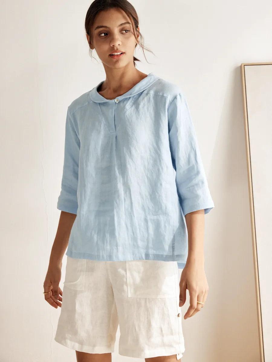 Linen Shawl V-Neck Top - Relaxed Fit Blouse with Asymmetrical Hem for Effortless Style 3