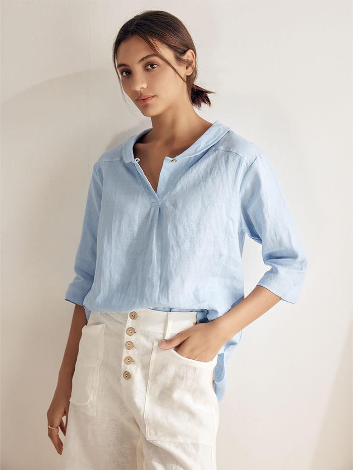 Linen Shawl V-Neck Top - Relaxed Fit Blouse with Asymmetrical Hem for Effortless Style 4