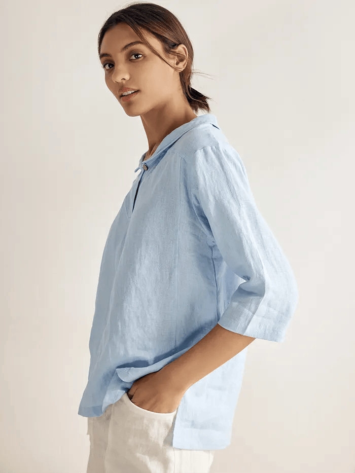 Linen Shawl V-Neck Top - Relaxed Fit Blouse with Asymmetrical Hem for Effortless Style 5