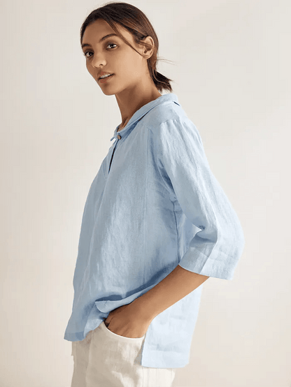 Linen Shawl V-Neck Top - Relaxed Fit Blouse with Asymmetrical Hem for Effortless Style 5