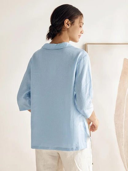Linen Shawl V-Neck Top - Relaxed Fit Blouse with Asymmetrical Hem for Effortless Style 6