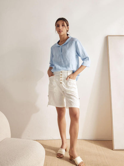 Linen Shawl V-Neck Top - Relaxed Fit Blouse with Asymmetrical Hem for Effortless Style 7