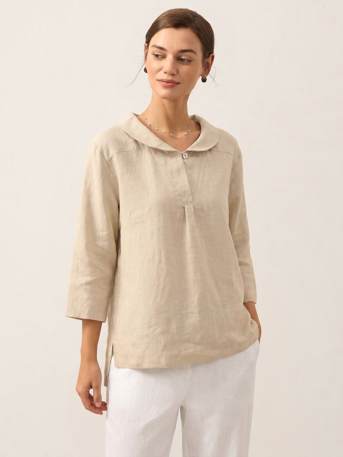 Linen Shawl V-Neck Top - Relaxed Fit Blouse with Asymmetrical Hem for Effortless Style 8