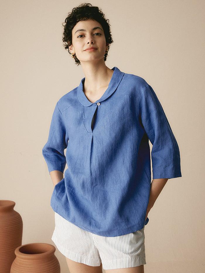 Linen Shawl V-Neck Top - Relaxed Fit Blouse with Asymmetrical Hem for Effortless Style 9
