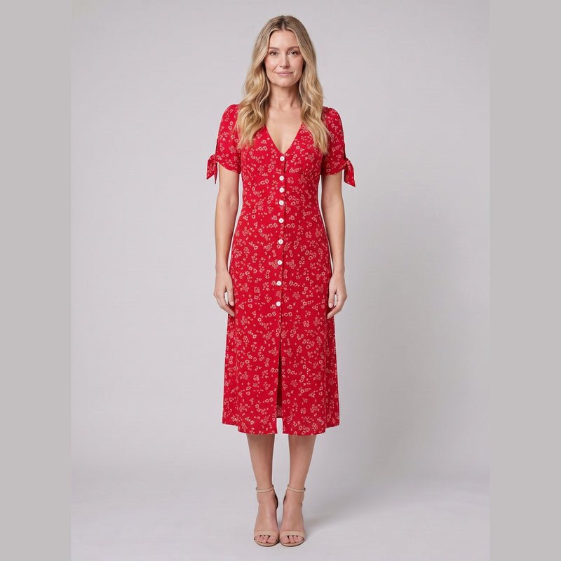 Liora Floral Print Midi Dress - Slim Fit V-Neck, Buttoned Front, Perfect for Weddings and Summer Events