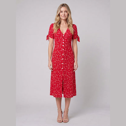 Liora Floral Print Midi Dress - Slim Fit V-Neck, Buttoned Front, Perfect for Weddings and Summer Events