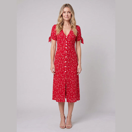 Liora Floral Print Midi Dress - Slim Fit V-Neck, Buttoned Front, Perfect for Weddings and Summer Events