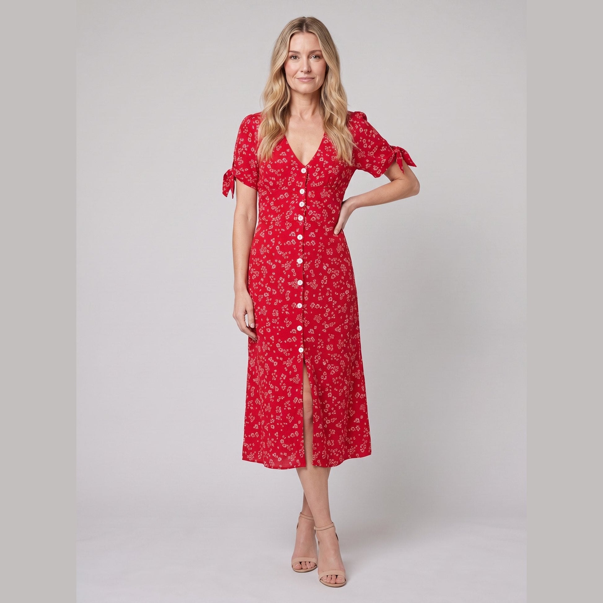 Liora Floral Print Midi Dress - Slim Fit V-Neck, Buttoned Front, Perfect for Weddings and Summer Events 1