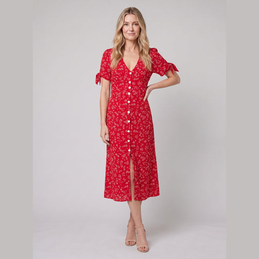 Liora Floral Print Midi Dress - Slim Fit V-Neck, Buttoned Front, Perfect for Weddings and Summer Events 1