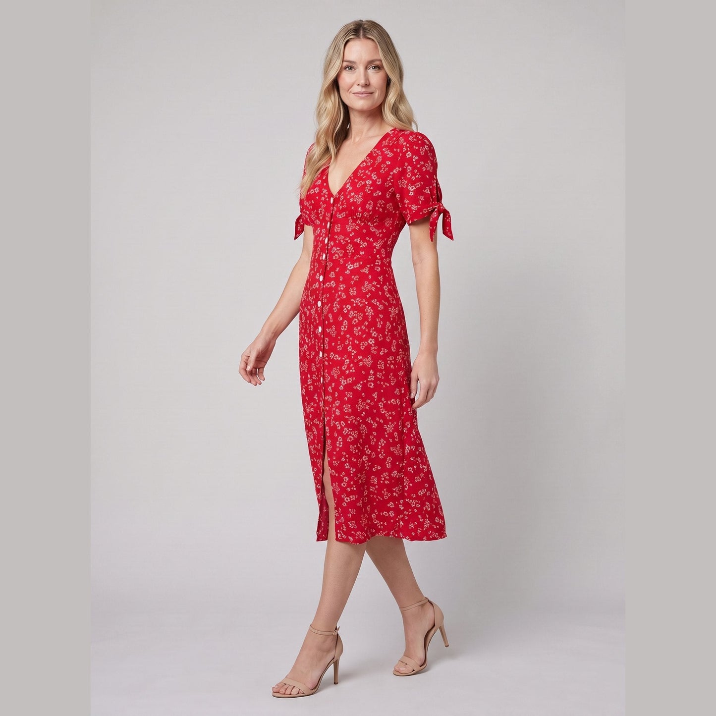 Liora Floral Print Midi Dress - Slim Fit V-Neck, Buttoned Front, Perfect for Weddings and Summer Events 2