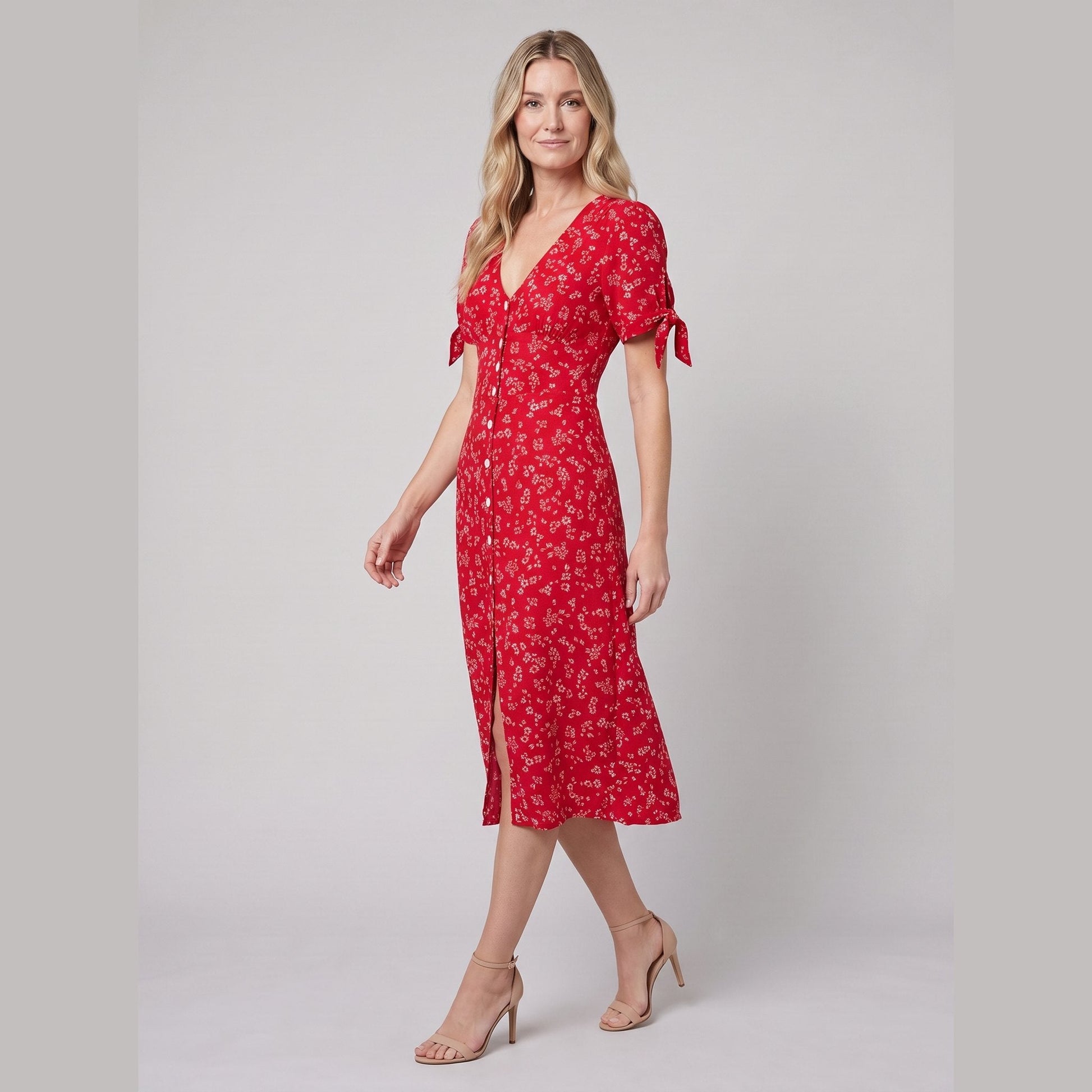 Liora Floral Print Midi Dress - Slim Fit V-Neck, Buttoned Front, Perfect for Weddings and Summer Events 2