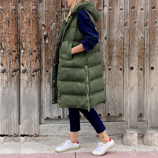 Long Quilted Hooded Puffer Vest - Sleeveless Black Gilet for Warmth and Style 0
