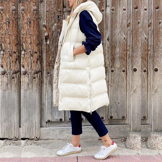 Long Quilted Hooded Puffer Vest - Sleeveless Black Gilet for Warmth and Style 1