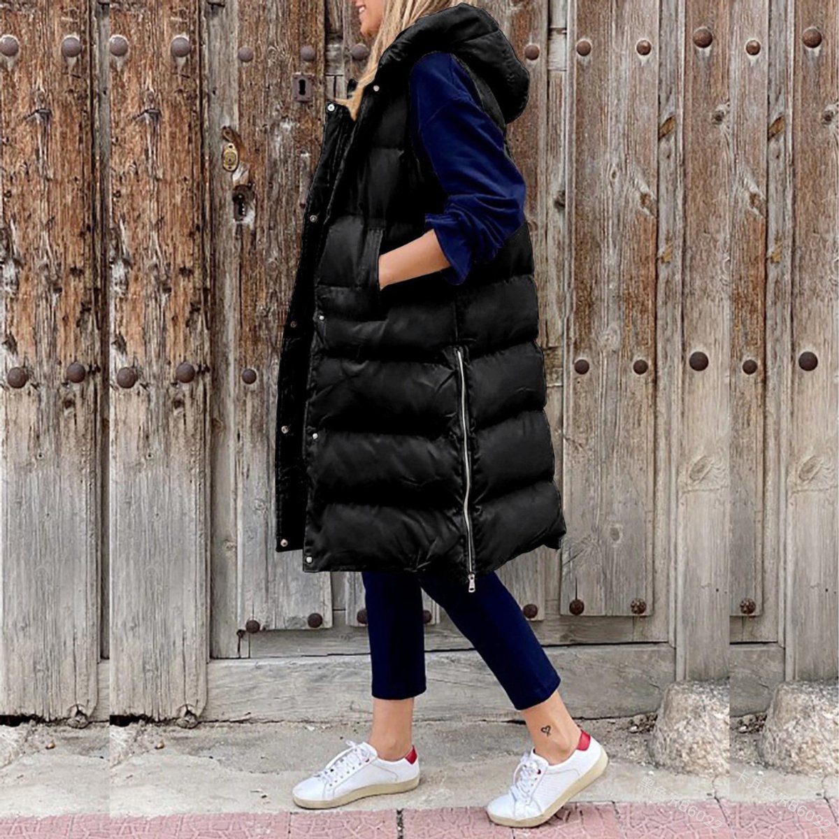 Long Quilted Hooded Puffer Vest - Sleeveless Black Gilet for Warmth and Style 2