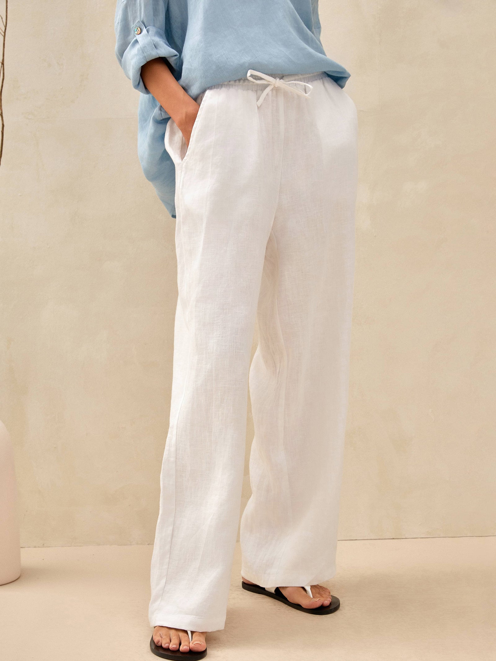Luna Linen Pants | White, Relaxed Fit, Elasticized Drawstring 0