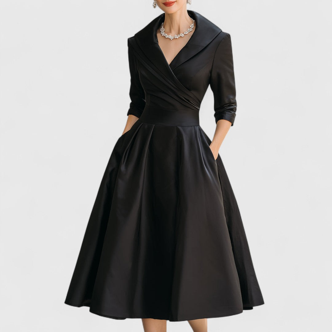 Marley Quinn - Long Sleeve Midi Dress with Flared Skirt and V-Neckline 0