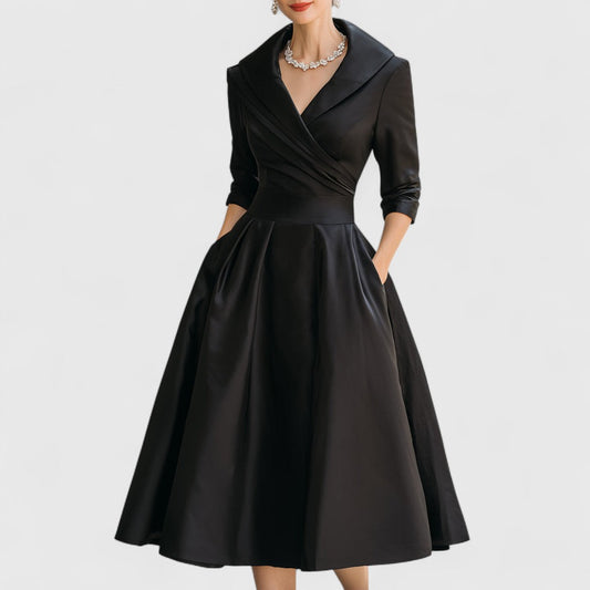Marley Quinn - Long Sleeve Midi Dress with Flared Skirt and V-Neckline 0