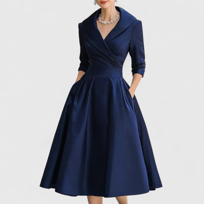 Marley Quinn - Long Sleeve Midi Dress with Flared Skirt and V-Neckline 2