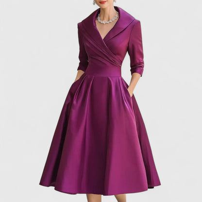 Marley Quinn - Long Sleeve Midi Dress with Flared Skirt and V-Neckline 3