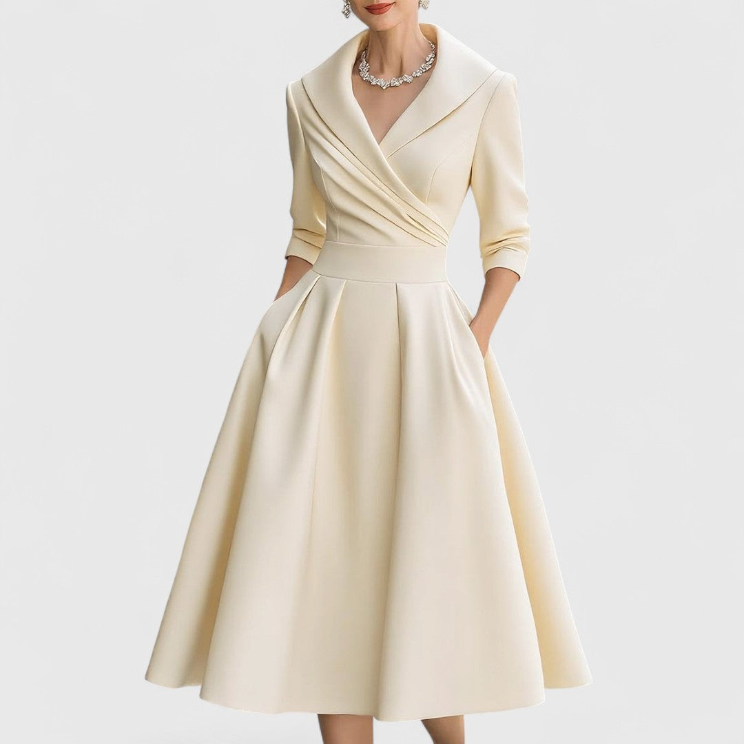 Marley Quinn - Long Sleeve Midi Dress with Flared Skirt and V-Neckline 4