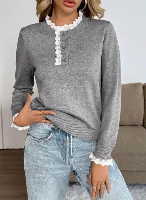 Melodie Ribbed Knit Sweater with Crew Neck, Lace Trim & Button Placket 0