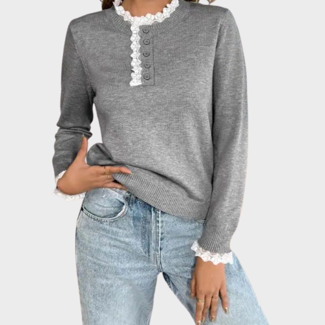 Melodie Ribbed Knit Sweater with Crew Neck, Lace Trim & Button Placket 1