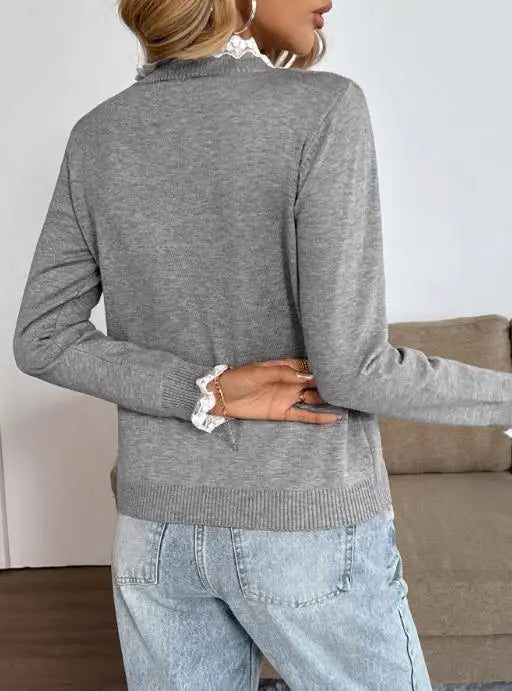 Melodie Ribbed Knit Sweater with Crew Neck, Lace Trim & Button Placket 3
