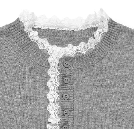 Melodie Ribbed Knit Sweater with Crew Neck, Lace Trim & Button Placket 5