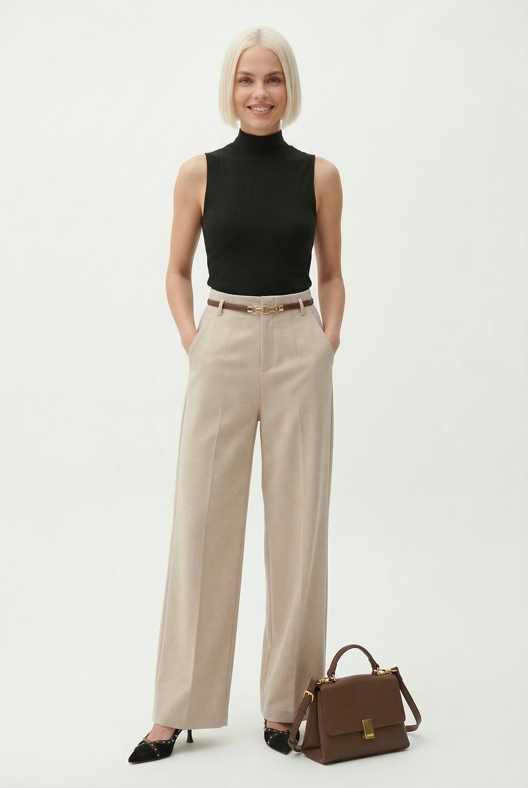 Milano Wool Wide Leg Trousers with High Waist and Belt 8