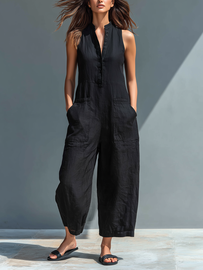 Minimalist Linen Blend Sleeveless Jumpsuit with Stand Collar & Button-Up Front 0