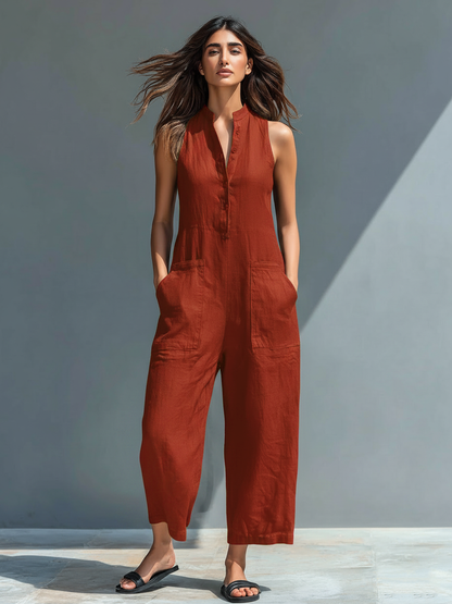 Minimalist Linen Blend Sleeveless Jumpsuit with Stand Collar & Button-Up Front 10