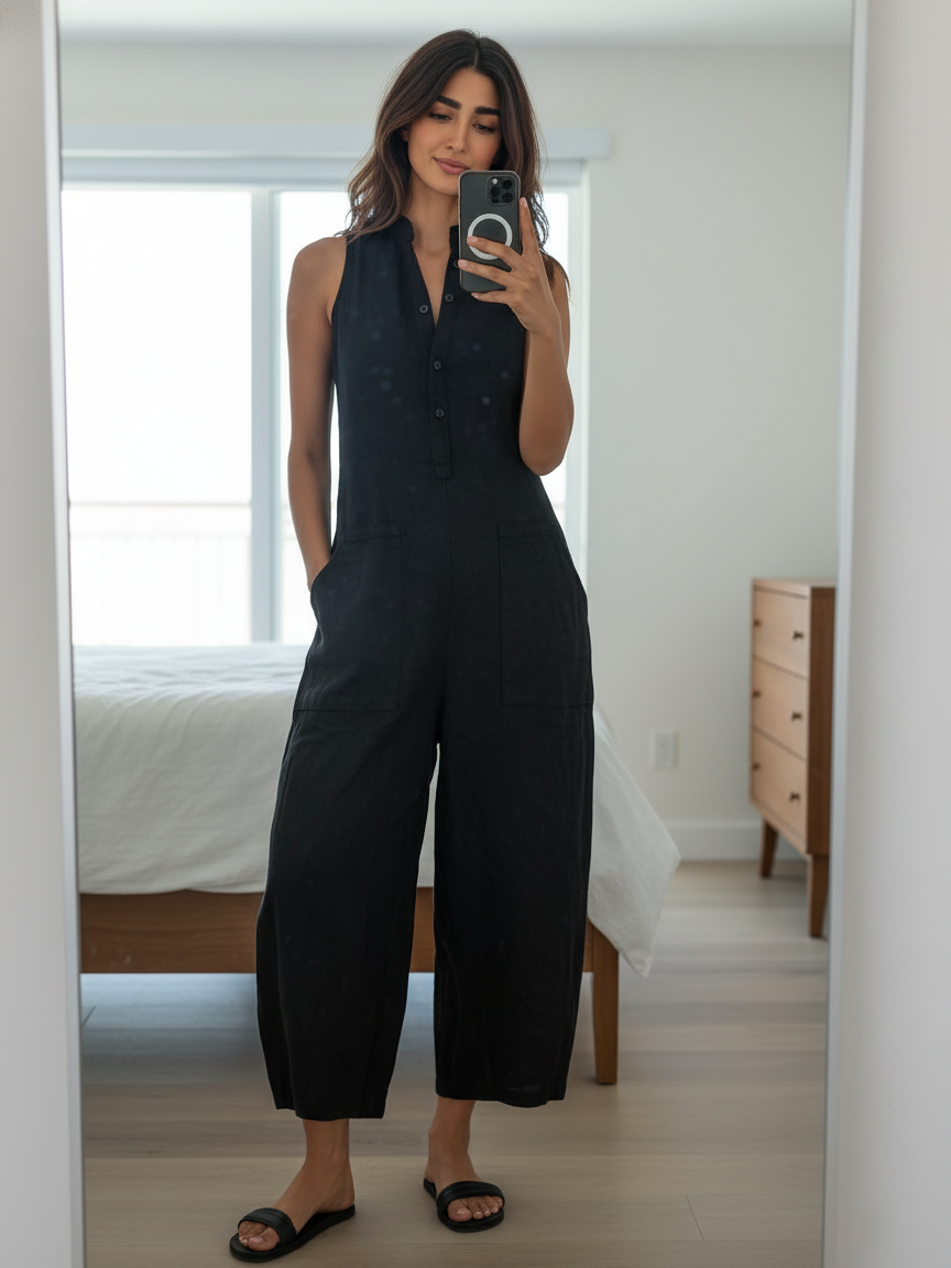 Minimalist Linen Blend Sleeveless Jumpsuit with Stand Collar & Button-Up Front 2