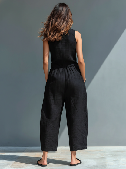 Minimalist Linen Blend Sleeveless Jumpsuit with Stand Collar & Button-Up Front 6