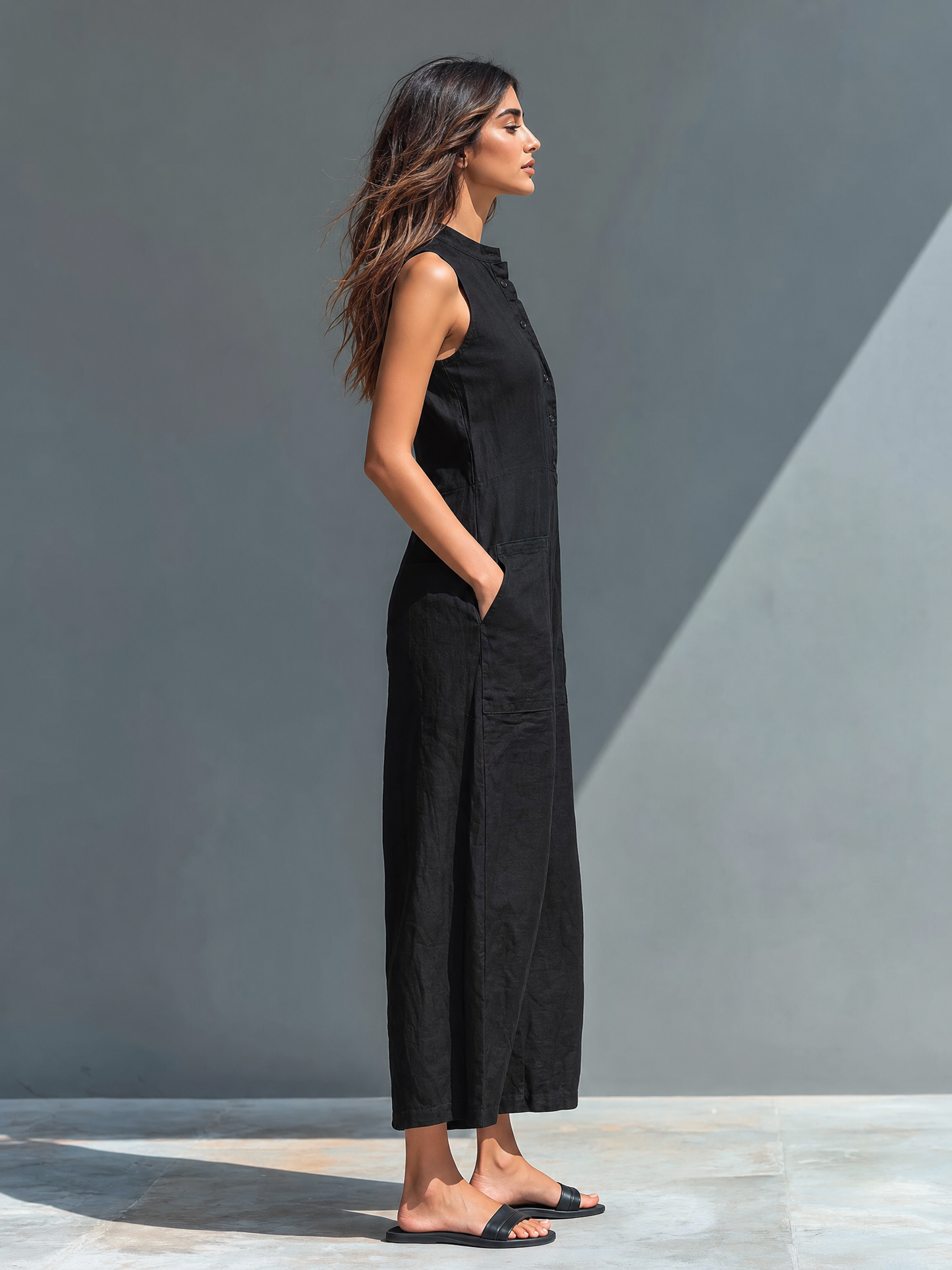 Minimalist Linen Blend Sleeveless Jumpsuit with Stand Collar & Button-Up Front 7