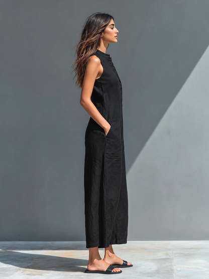 Minimalist Linen Blend Sleeveless Jumpsuit with Stand Collar & Button-Up Front 7