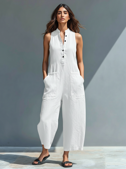 Minimalist Linen Blend Sleeveless Jumpsuit with Stand Collar & Button-Up Front 8