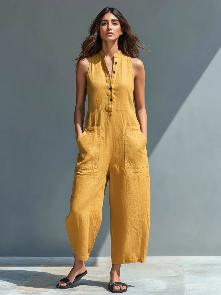 Minimalist Linen Blend Sleeveless Jumpsuit with Stand Collar & Button-Up Front 9