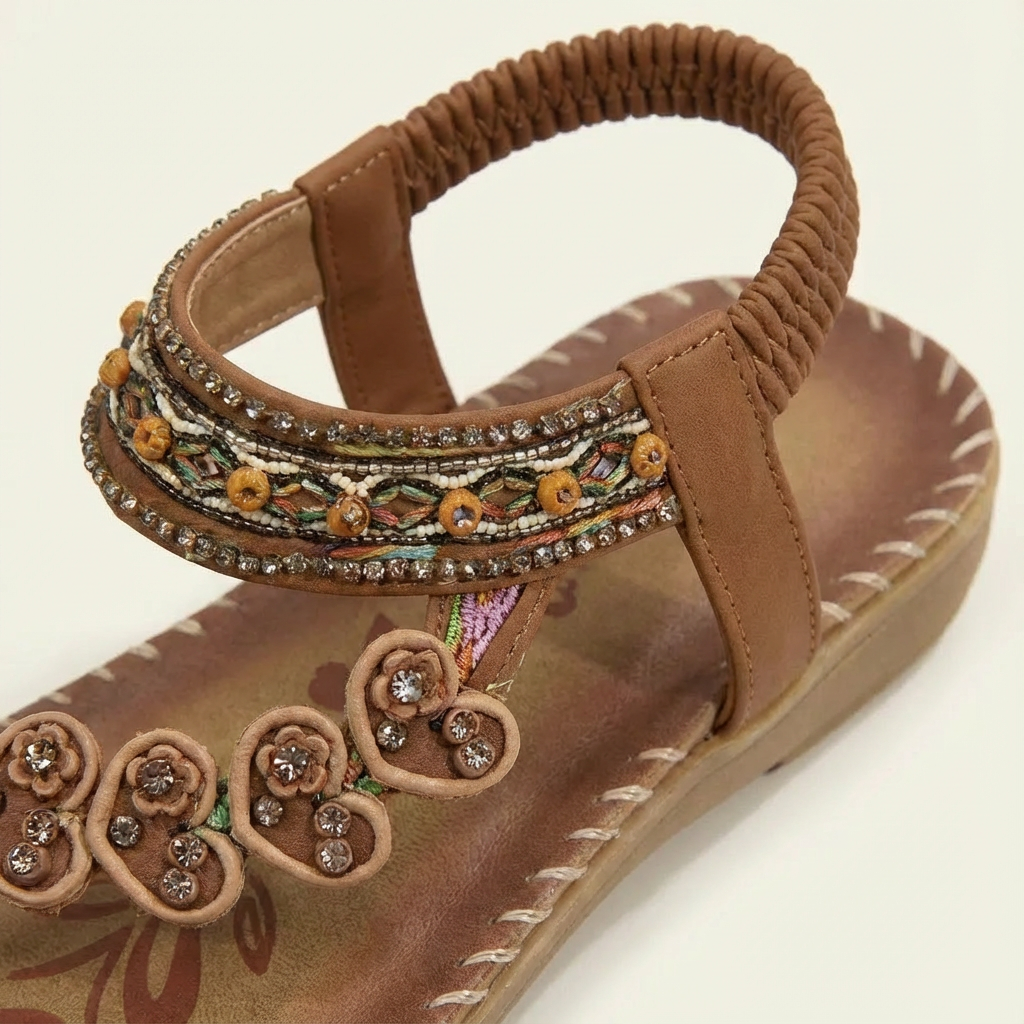 Moon Boho Strappy Flat Sandals With Floral Appliqués & Beaded Straps 2