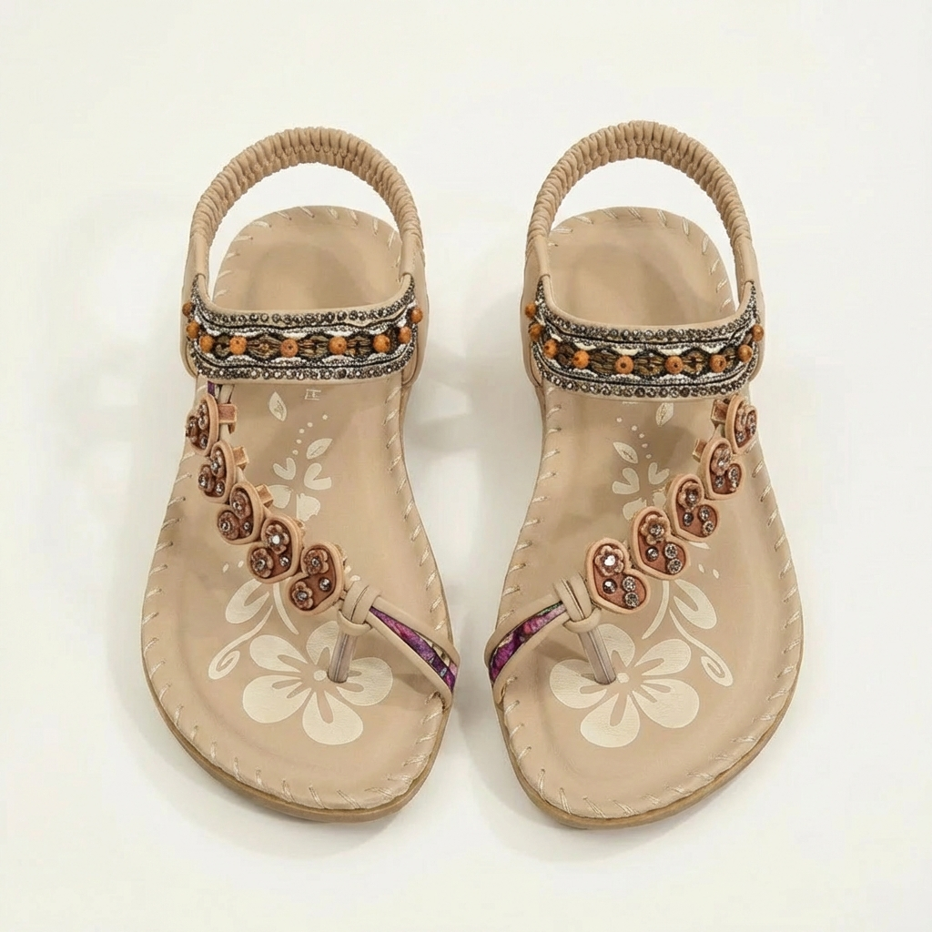 Moon Boho Strappy Flat Sandals With Floral Appliqués & Beaded Straps 3
