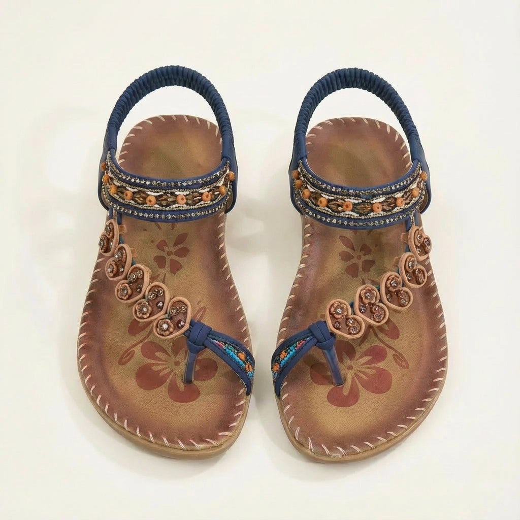 Moon Boho Strappy Flat Sandals With Floral Appliqués & Beaded Straps 4