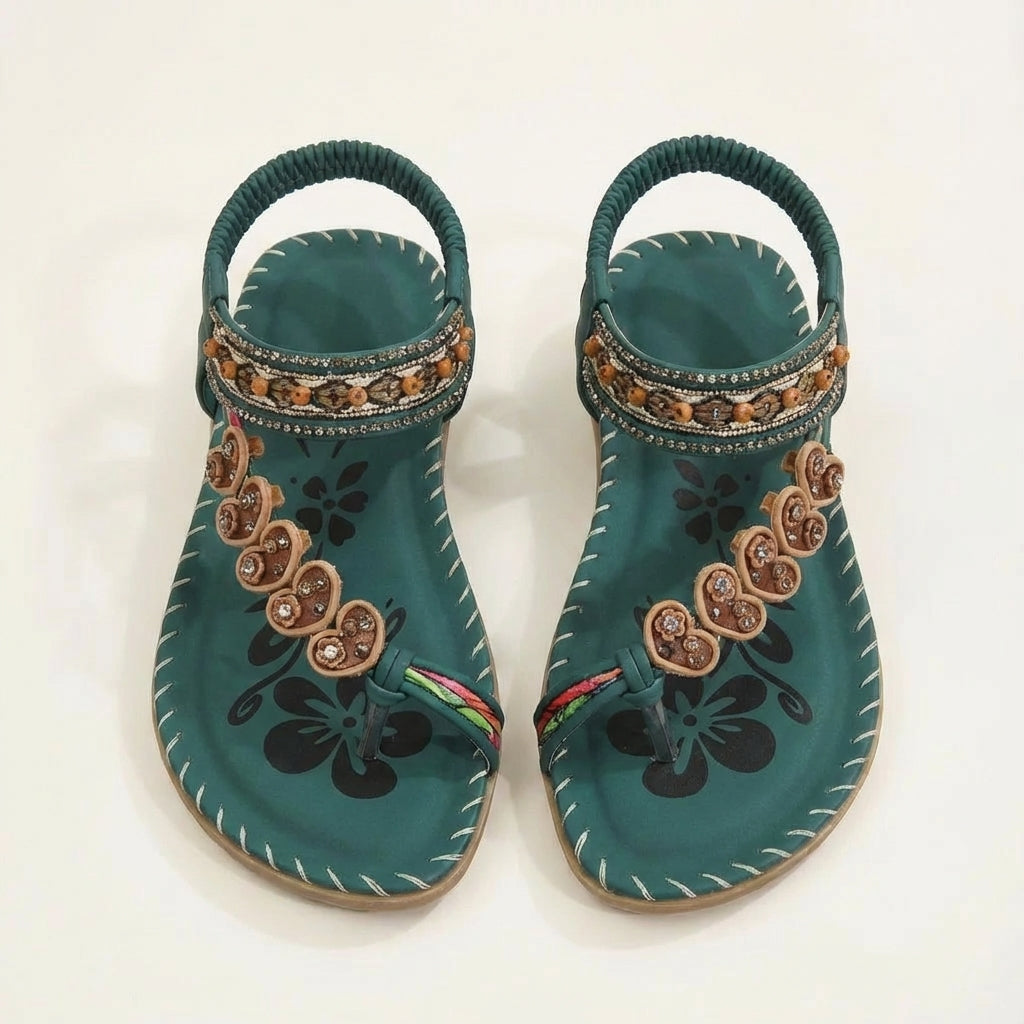 Moon Boho Strappy Flat Sandals With Floral Appliqués & Beaded Straps 5