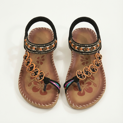 Moon Boho Strappy Flat Sandals With Floral Appliqués & Beaded Straps 6