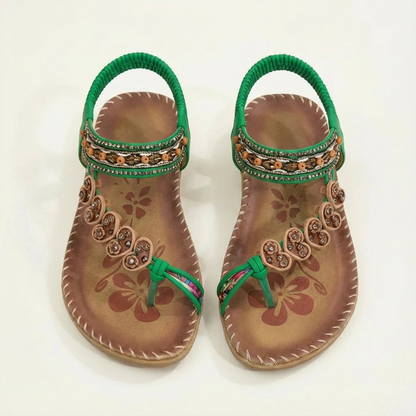 Moon Boho Strappy Flat Sandals With Floral Appliqués & Beaded Straps 7