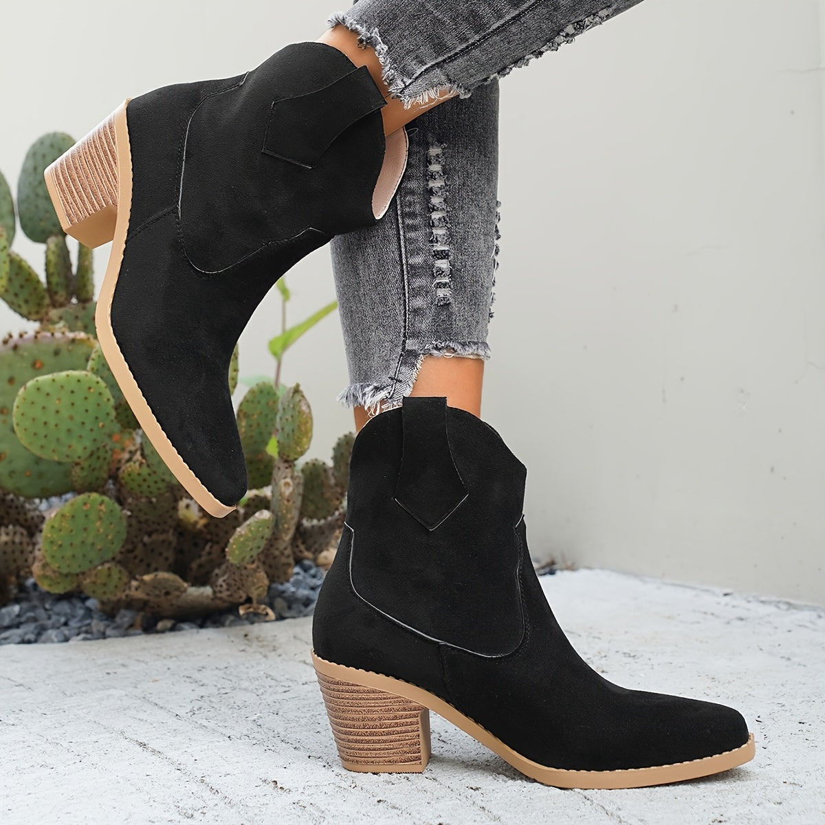 Naomi Black Chelsea Ankle Boots with Block Heel and Western Stitch Detailing 0